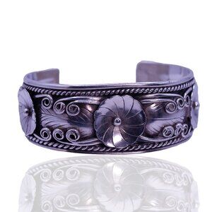 Vintage Fred James Navajo Sterling Silver Squash Blossom Cuff Bracelet, 50g